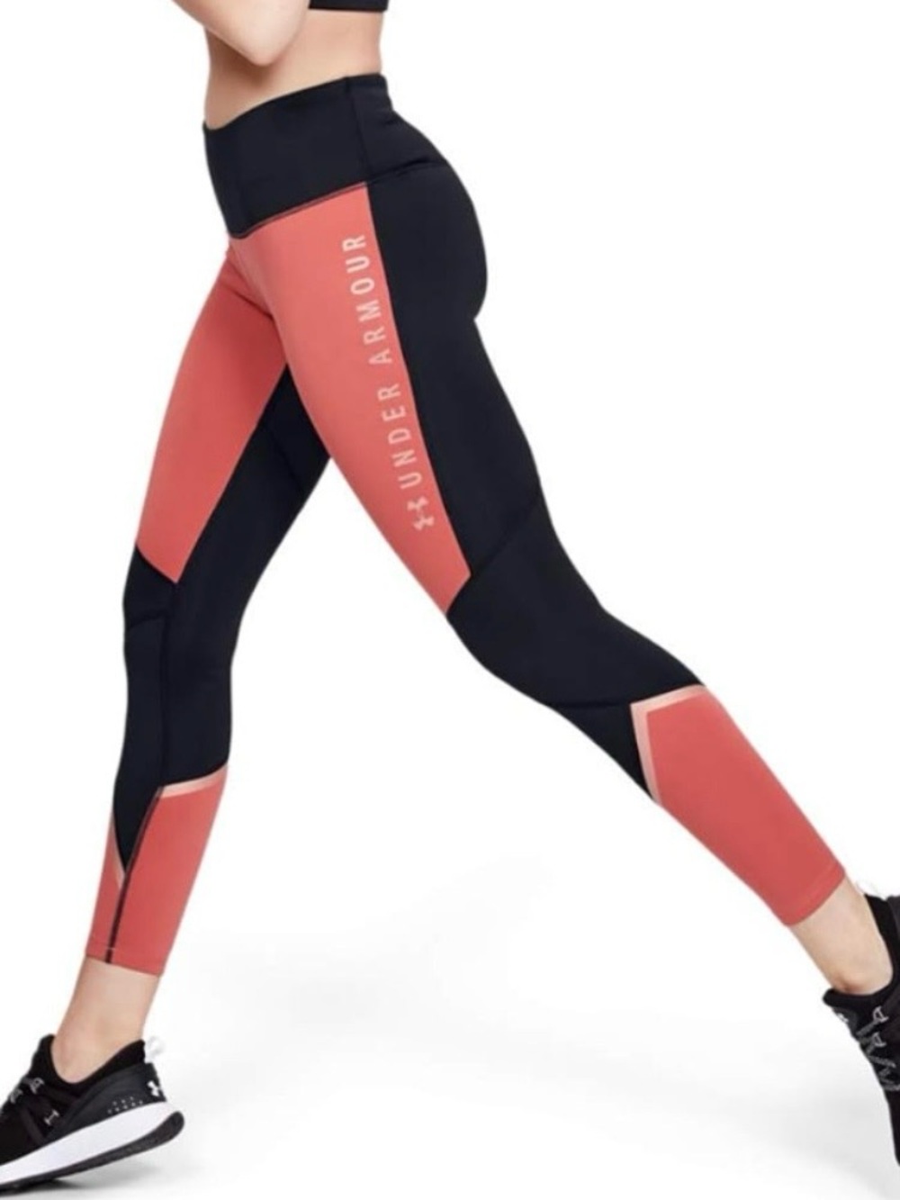 (3  FOR 20🍉☀️)Under Armour Black & Coral Colorblock High-Waist Leggings